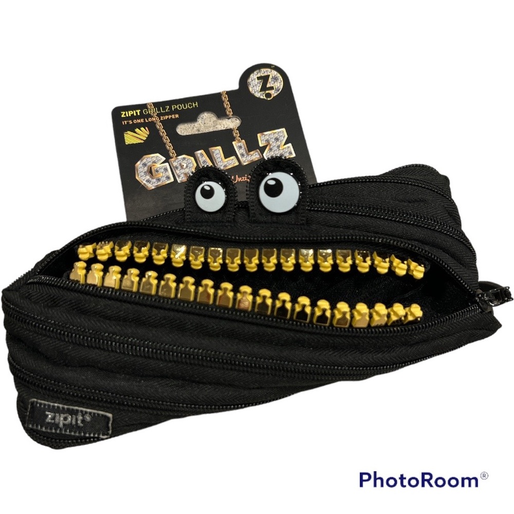 Zipit Grillz pouch pencil case makeup stuff bag zippered black gold NEW